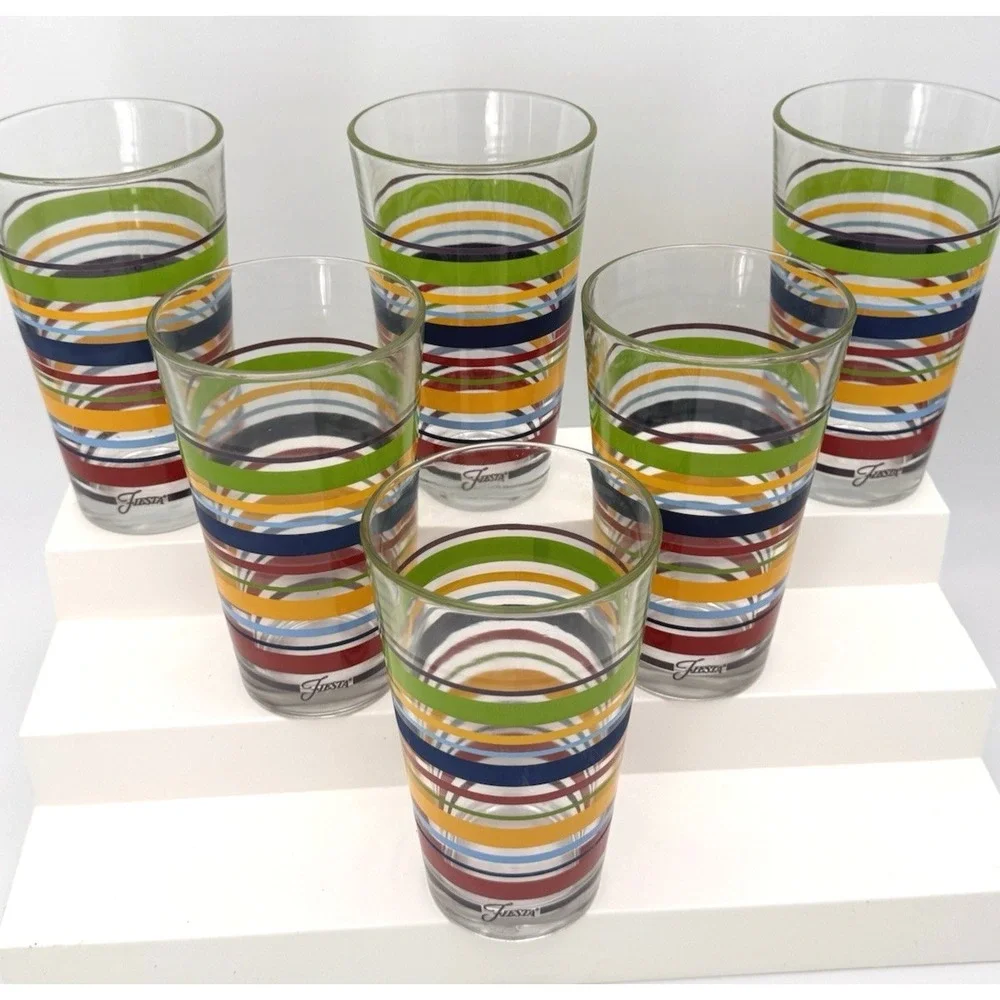 Libbey Fiestaware Tumblers Fiesta Stripes Mambo Drinking Glass 16oz Retired 6 Pc